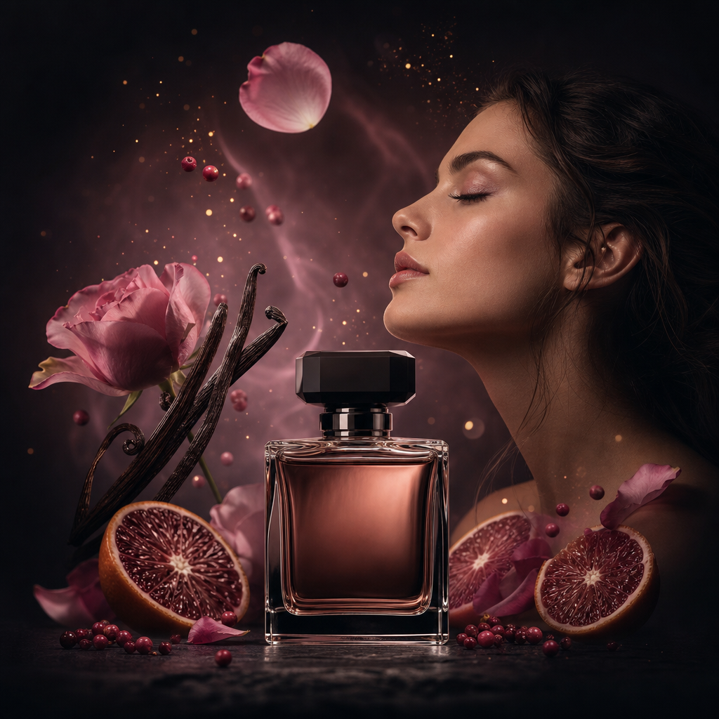 Perfumeza – lyxiga parfymdekanter med rosenblad, citrus och vanilj i solnedgångsljus