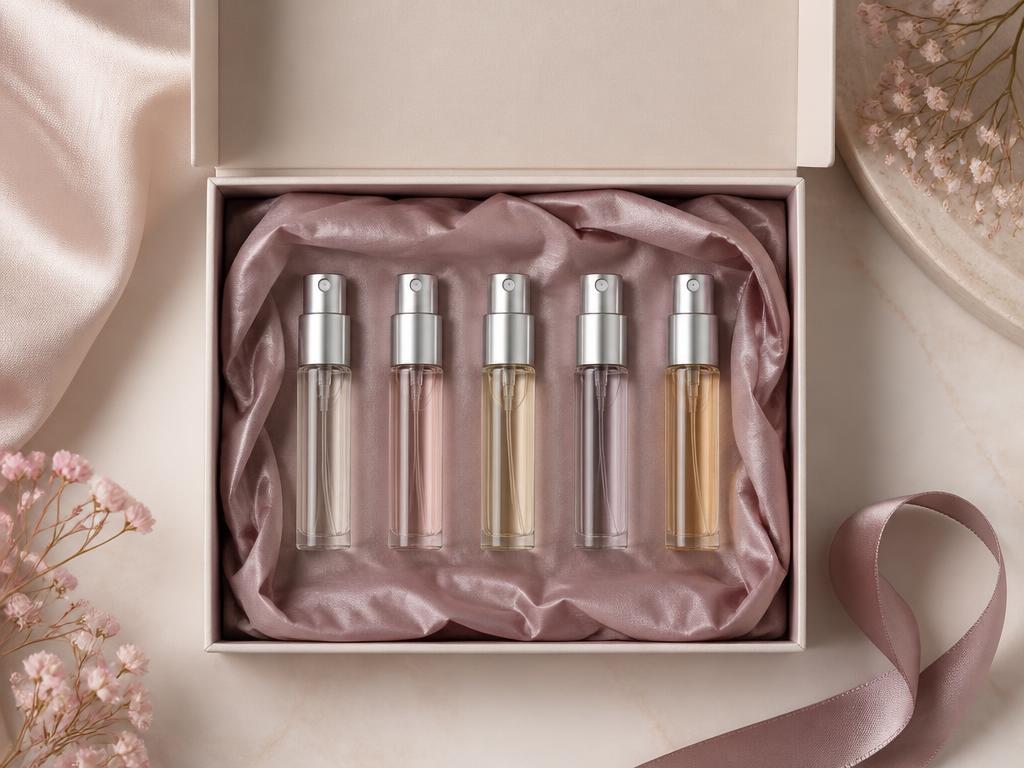 Fem 3ml provdecants presenterade i en öppen presentförpackning fodrad med rosa silkespapper